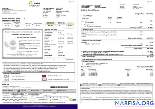 Downloadable India Tata Indicom mobile utility bill template in Word and PDF format, 2 pages